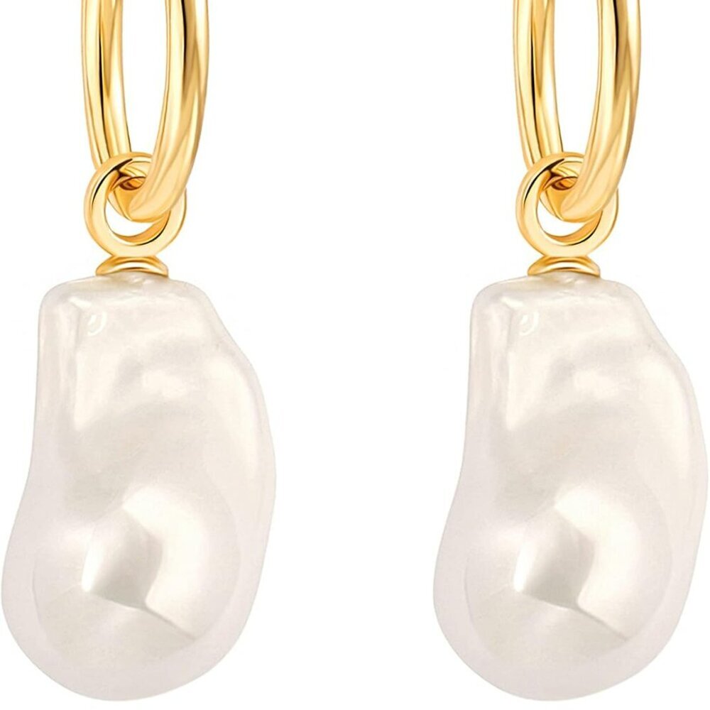 18k Gold Plated Leverback Hoop Handpicked White Shell Pearl Drop Dangle Earring